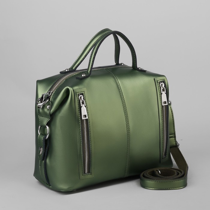 Сумка женская, отдел, 3 наружных кармана, длинный ремень, цвет зелёный перламутр