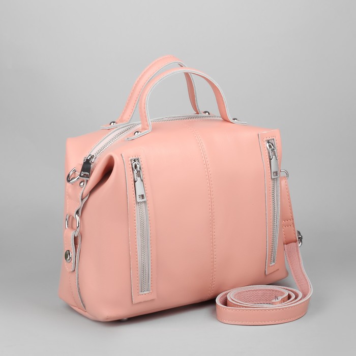 Сумка женская, отдел, 3 наружных кармана, длинный ремень, цвет розовый перламутр