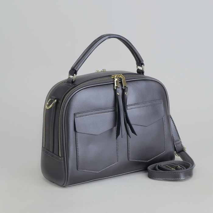 Сумка женская, 2 отдела на молниях, 3 наружных кармана, длинный ремень, цвет серый