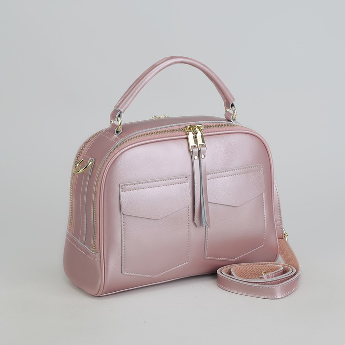 Сумка женская, 2 отдела на молниях, 3 наружных кармана, длинный ремень, цвет розовый перламутр