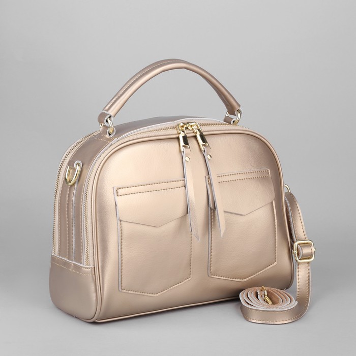 Сумка женская, 2 отдела на молниях, 3 наружных кармана, длинный ремень, цвет золотой