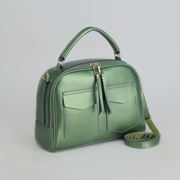 Сумка женская, 2 отдела на молниях, 3 наружных кармана, длинный ремень, цвет зелёный перламутр