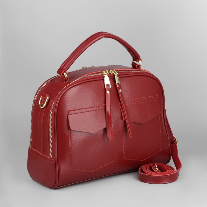 Сумка женская, 2 отдела на молниях, 3 наружных кармана, длинный ремень, цвет бордовый