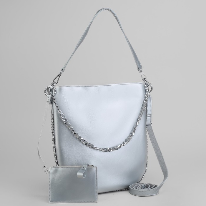 Сумка женская, отдел с перегородкой, с кошельком, цвет серебристый