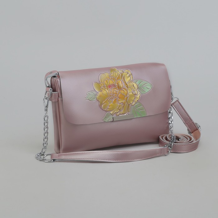 Сумка женская, 2 отдела на молнии, 2 наружных кармана, длинный ремень, цвет розовый перламутр