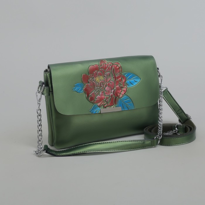 Сумка женская, 2 отдела на молнии, 2 наружных кармана, длинный ремень, цвет зелёный перламутр