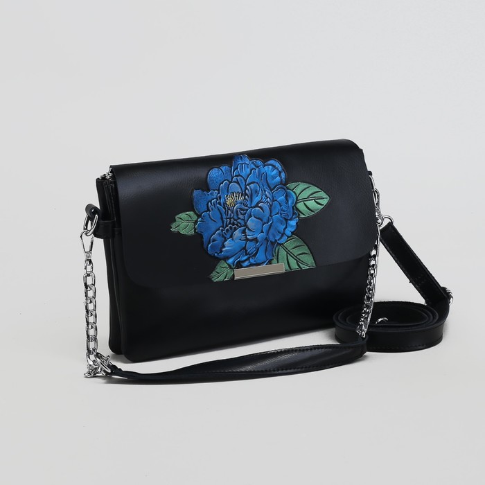 Сумка женская, 2 отдела на молнии, 2 наружных кармана, длинный ремень, цвет чёрный