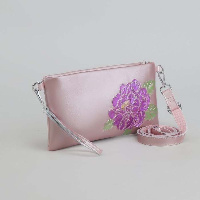 Клатч женский на молнии, 1 отдел, наружный карман, ручка, длинный ремень, цвет розовый перламутр