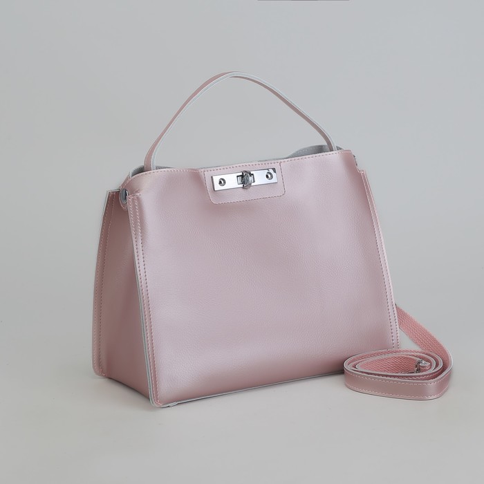 Сумка женская, 3 отдела на замке, длинный ремень, цвет розовый перламутр