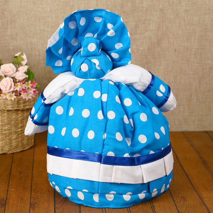 Грелка на чайник «Дымковская матрёшка», с фартуком, крупный горошек, синяя