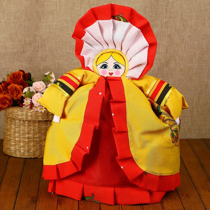 Грелка на чайник «Дымковская матрёшка», роспись, жёлтая