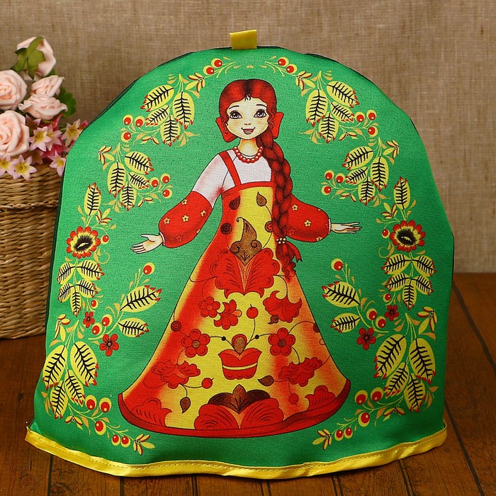 Грелка на чайник «Русская красавица», роспись, зелёный фон