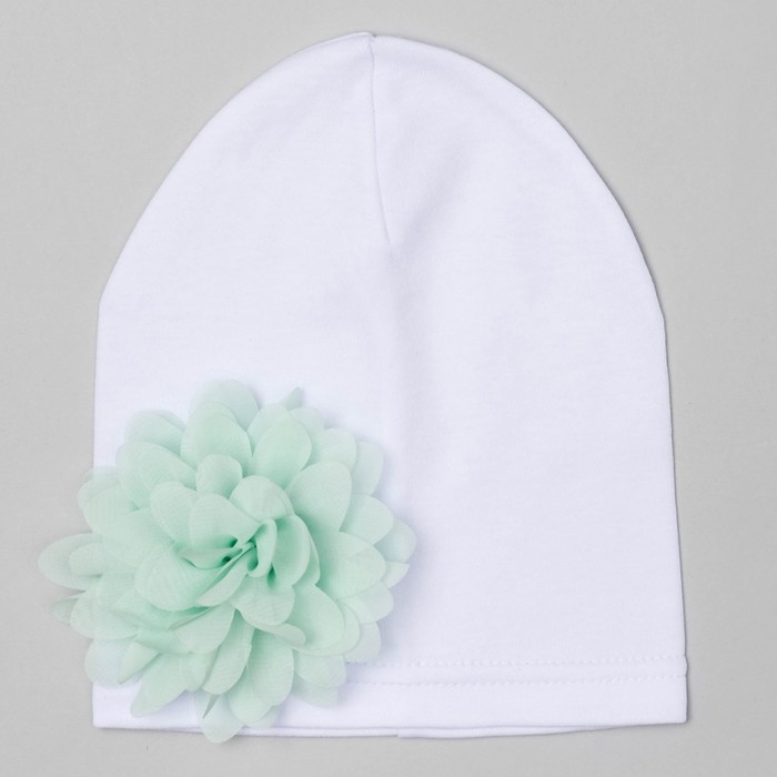 Шапка детская "Цветочек" белая с мятным цветком, р-р 52, 100% хл, интерлок