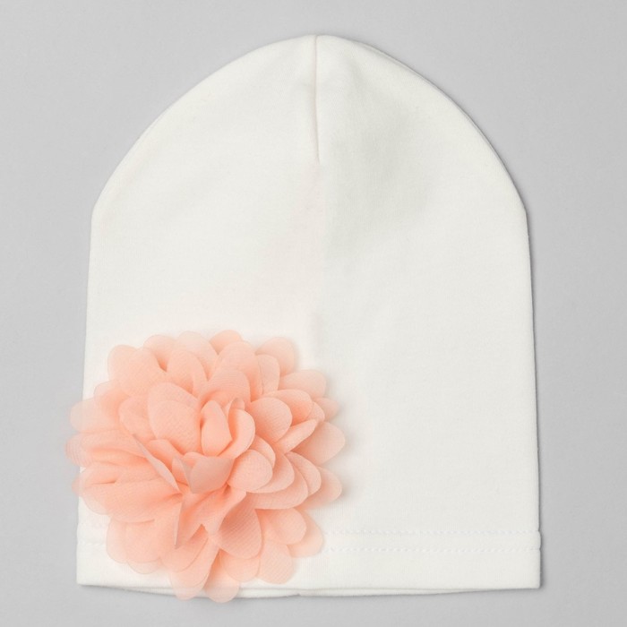 Шапка детская "Цветочек" молочная с персиковым цветком, р-р 52, 100% хл, интерлок