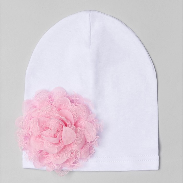 Шапка детская "Цветочек" белая с розовым цветком, р-р 52, 100% хл, интерлок