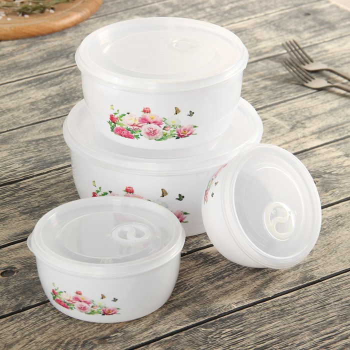 Набор ланч-боксов "Розы", 4 шт: 0,3 л, 0,55 л, 0,95 л, 1,5 л
