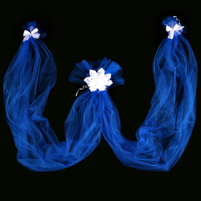 Ленты на капот "Канзаши", фатиновая, с бантами на зеркала, синяя