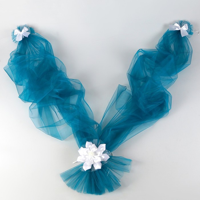 Ленты на капот "Канзаши", фатиновая, с бантами на зеркала, бирюзовая