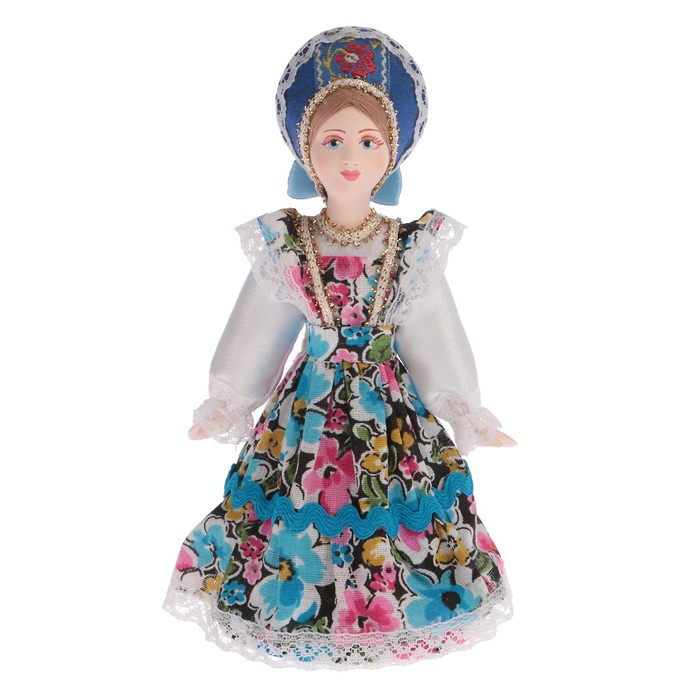 Сувенирная кукла "Девочка в цветном ситцевом сарафане и в венце (стилизация) Россия" 16 см