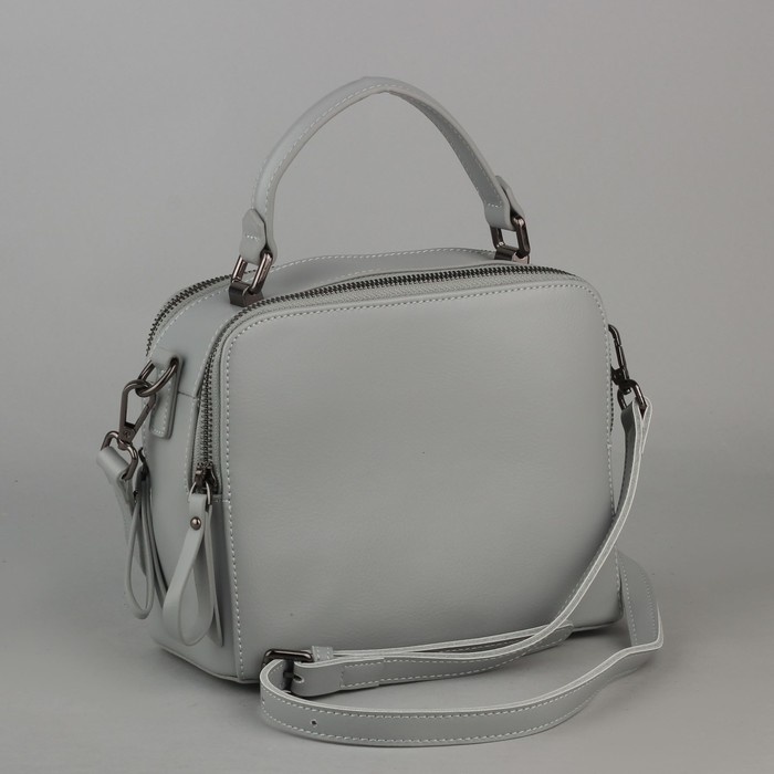 Сумка женская, 2 отдела на молниях, наружный карман, длинный ремень, цвет серый