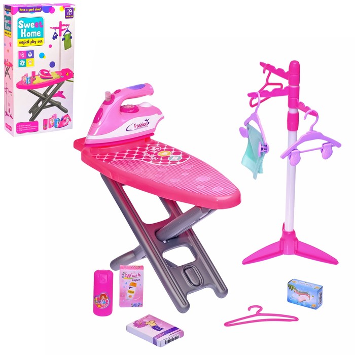Набор юной хозяюшки с аксессуарами "Сладкая вата": утюг, гладильная доска, вешалка