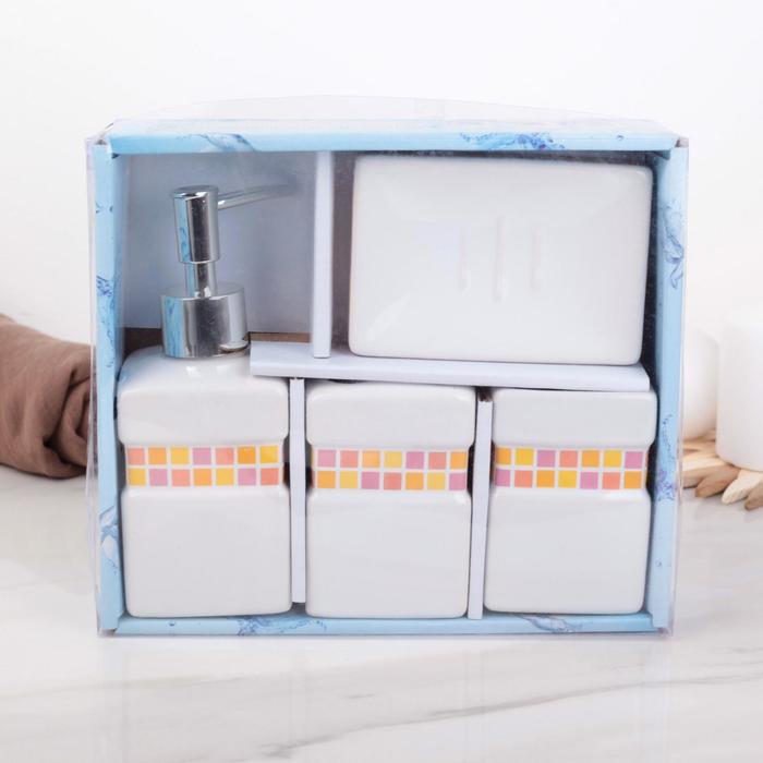 Набор для ванной "Плитка" 4 предмета: мыльница, дозатор для мыла, 2 стакана, цвет оранжевый