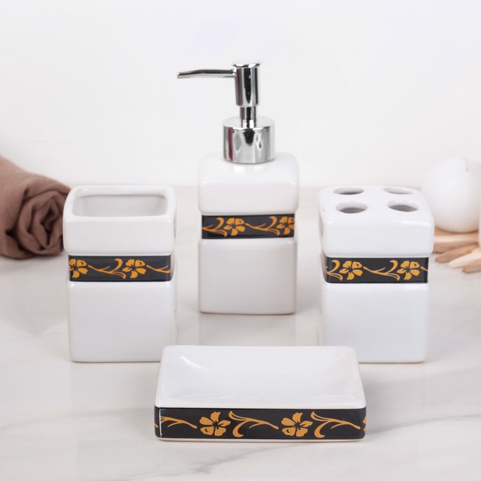 Набор для ванной, 4 предмета: мыльница, дозатор для мыла, 2 стакана
