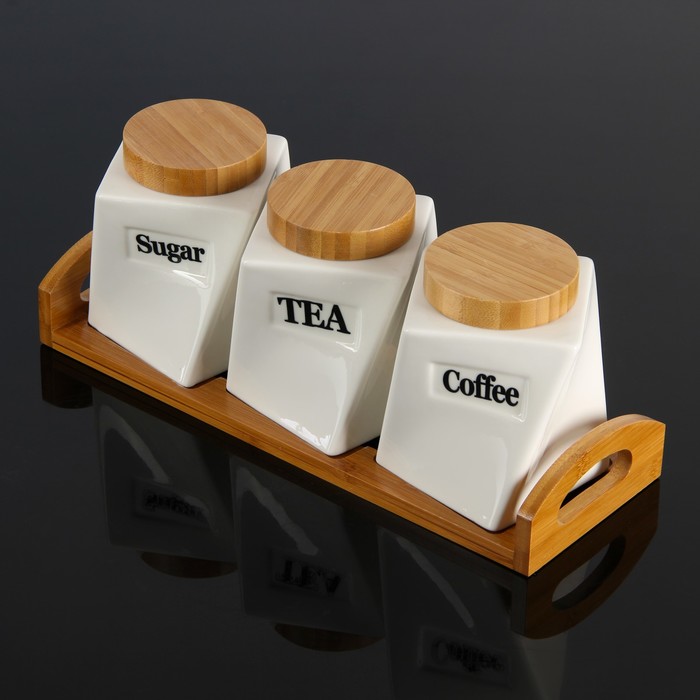 Набор банок для сыпучих продуктов "Эстет", 3 шт, на деревянной подставке