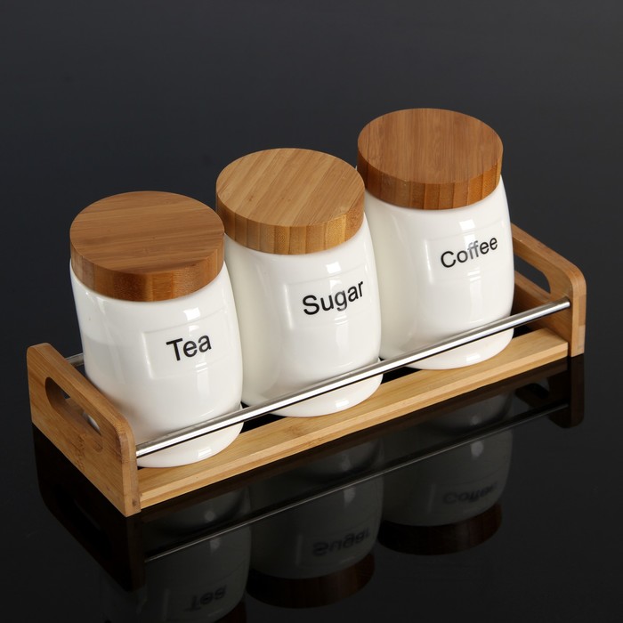 Набор банок для сыпучих продуктов 450 мл "Эстет", 3 шт, на деревянной подставке