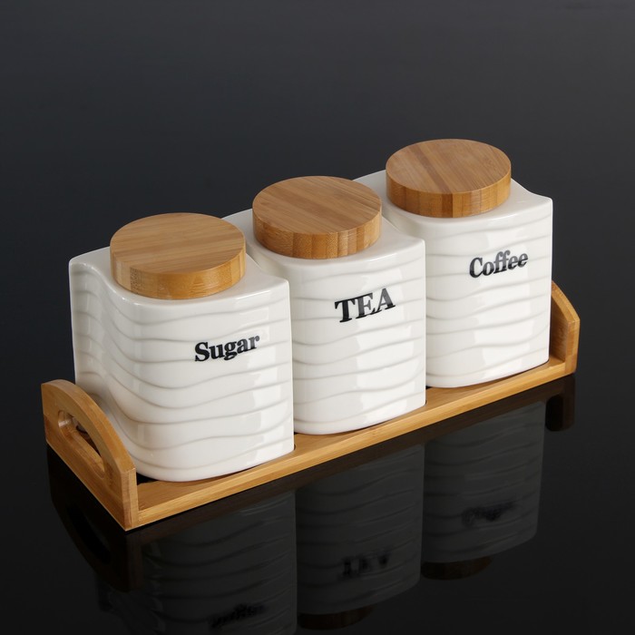 Набор банок для сыпучих продуктов "Эстет", 3 шт, на деревянной подставке
