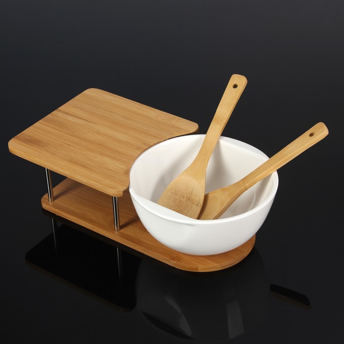 Салатник "Эстет", с вилкой и ложкой, на деревянной подставке с разделочной доской