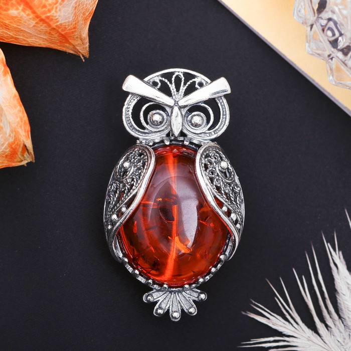 Брошь "Янтарь" сова в посеребрении, цвет коричневый