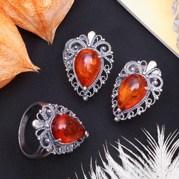 Гарнитур посеребрение 2 предмета: серьги, кольцо "Янтарь" графиня, цвет коньячный, 19,5 размер