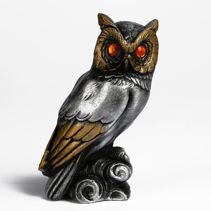 Сувенир гипс "Сова на камне средняя" серебро/золото 17,5 см