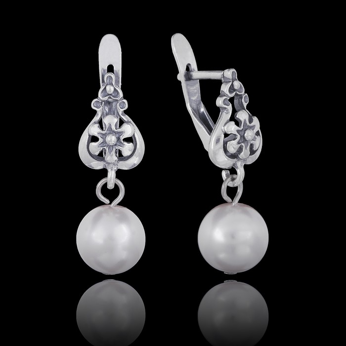 Серьги "Жемчужные 19", цвет белый в чернёном серебре
