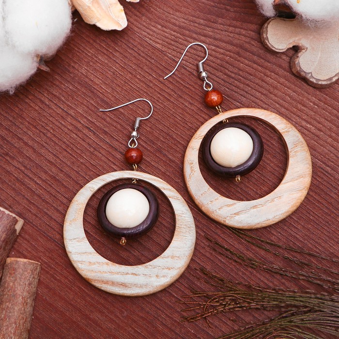 Серьги ручная работа, деревянные "Катрин" крупные, цвет МИКС