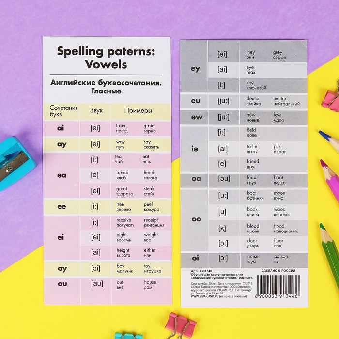 Шпаргалка обучающая "Английские буквосочетания. Гласные"