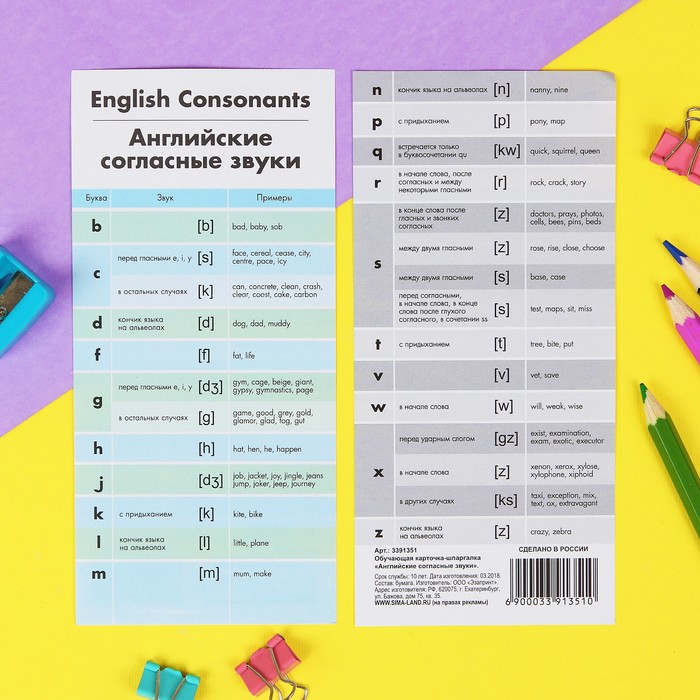 Шпаргалка обучающая "Английские согласные звуки"