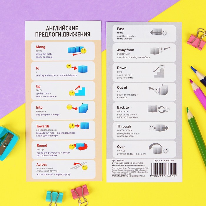 Шпаргалка обучающая "Английские предлоги движения"