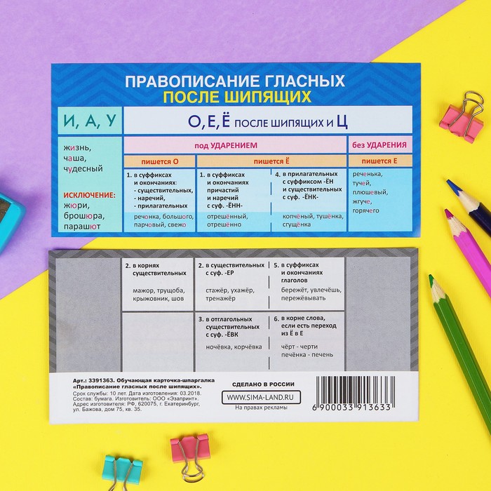 Шпаргалка обучающая "Правописание гласных после шипящих"