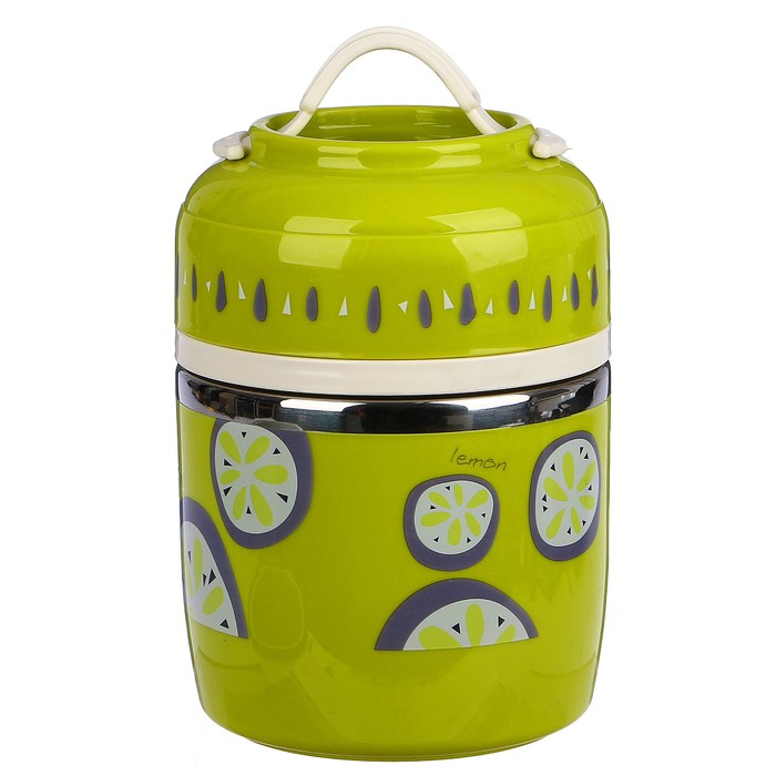 Ланч-бокс 0.95 л, 1 тарелка, резин. ручка, 3 ч, микс цветов и фруктов, 11х16.5 см