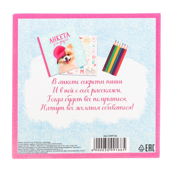 Подарочный набор "Возьми меня с собой": анкета для девочек в твёрдой обложке с наклейками и карандаши, 6 шт