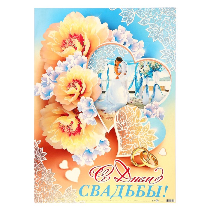 Плакат "С Днём Свадьбы" цветы, молодожёны, А2
