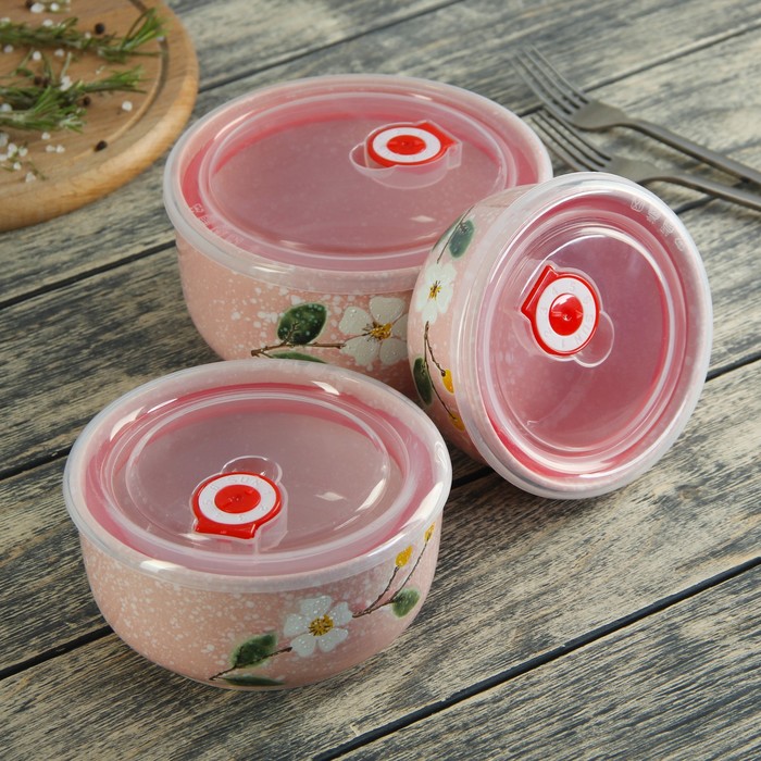 Набор салатников "Вивьен", 3 шт: 16х7,5/14,5х6,5/15,5х7,5 см, с крышками, цвет розовый