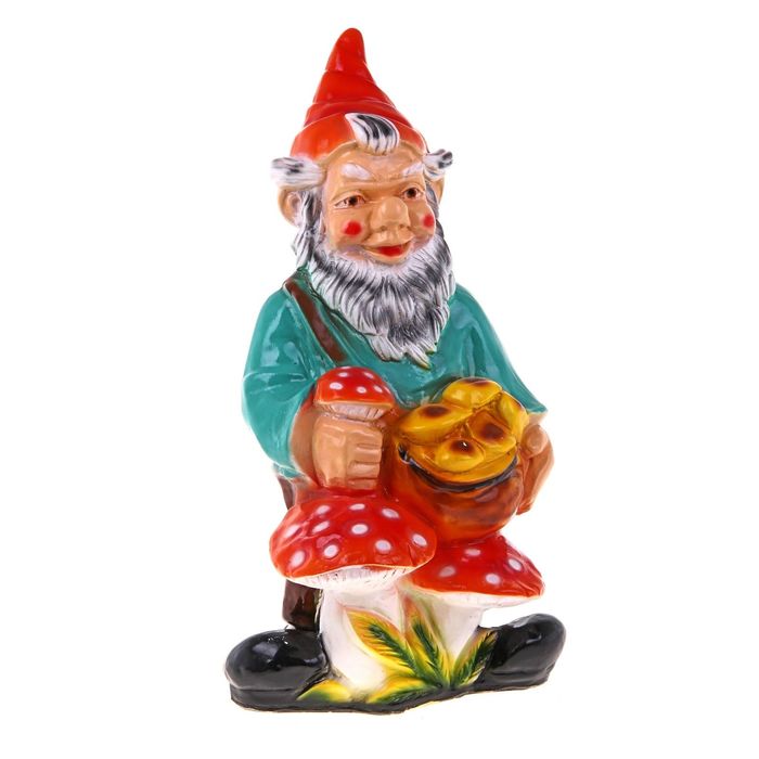 Садовая фигура "Гном с грибами" красный колпак