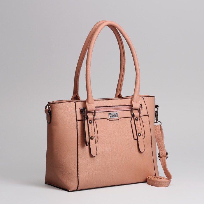 Сумка женская на молнии, отдел с перегородкой, 2 наружных кармана, длинный ремень, цвет персиковый