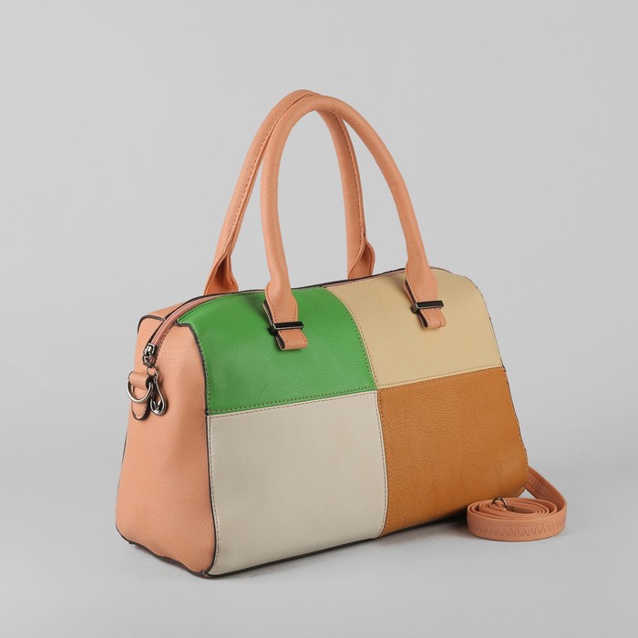 Сумка женская на молнии, 1 отдел, наружный карман, длинный ремень, цвет персиковый