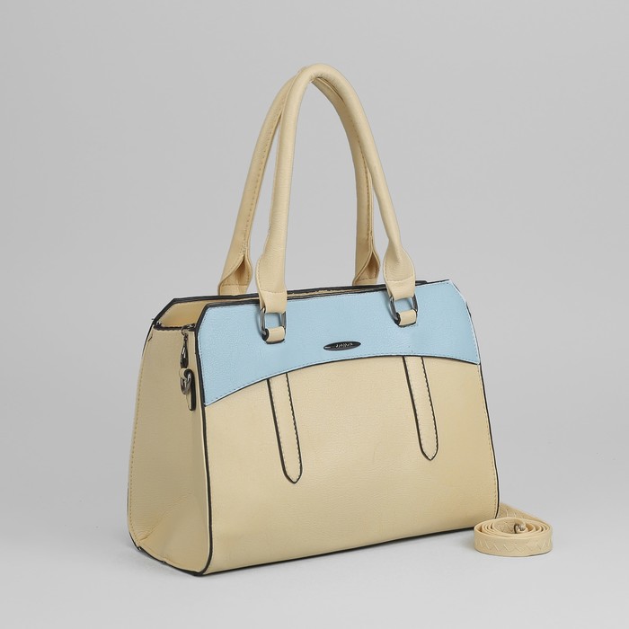 Сумка женская, отдел с перегородкой на молнии, наружный карман, длинный ремень, цвет бежевый/голубой