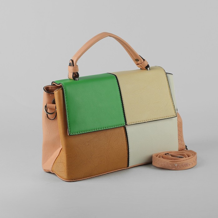 Сумка женская на молнии, 1 отдел с перегородкой, наружный карман, длинный ремень, цвет персиковый