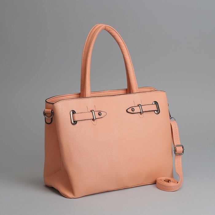 Сумка женская на молнии, отдел с перегородкой, наружный карман, длинный ремень, цвет персиковый